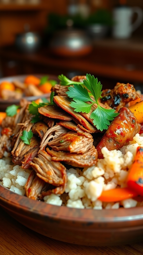 Shredded spicy pork neck in a rustic bowl with rice and vegetables, garnished with cilantro.
